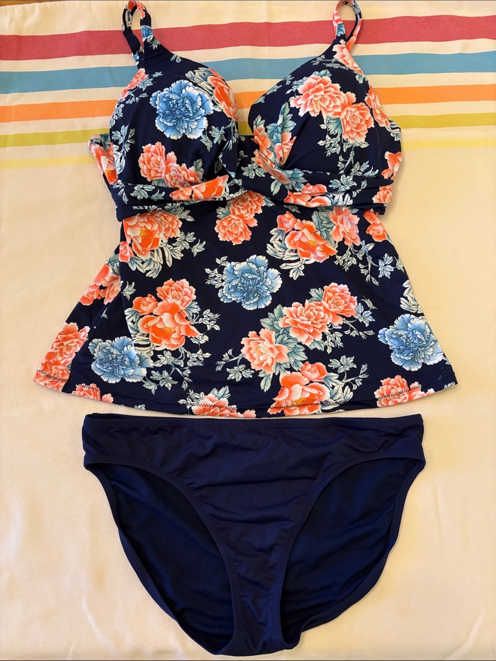 Floral Navy Tankini Bikini Set with Coral & Light Blue Blooms - Picture 2 of 6